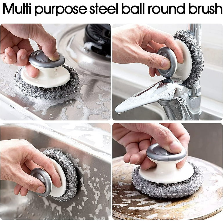 Stainless Steel Wool Scrubber with Handle,Heavy Duty Dish Scrubber Cleaning  Cleaning Brush for Pots, Pans, Grills, Sink(2P)