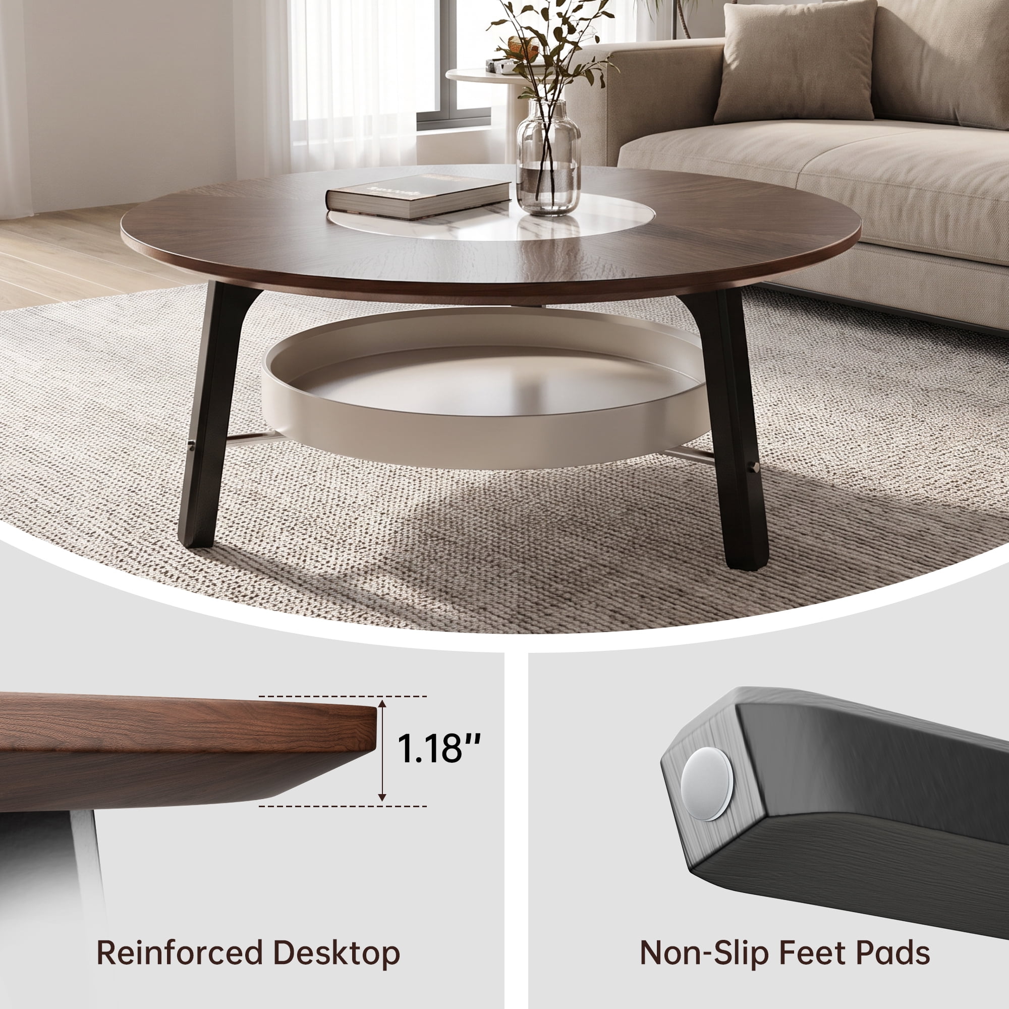 Leumius Round Coffee Table with Storage Shelf, Modern Minimalist Center Table for Living Room Walnut+White