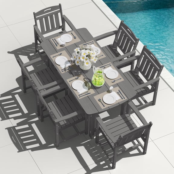 MUCHENGHY 7PC HDPE Outdoor Dining Set w/ 6 Chairs, All-Weather, Large Family Patio Furniture, Gray