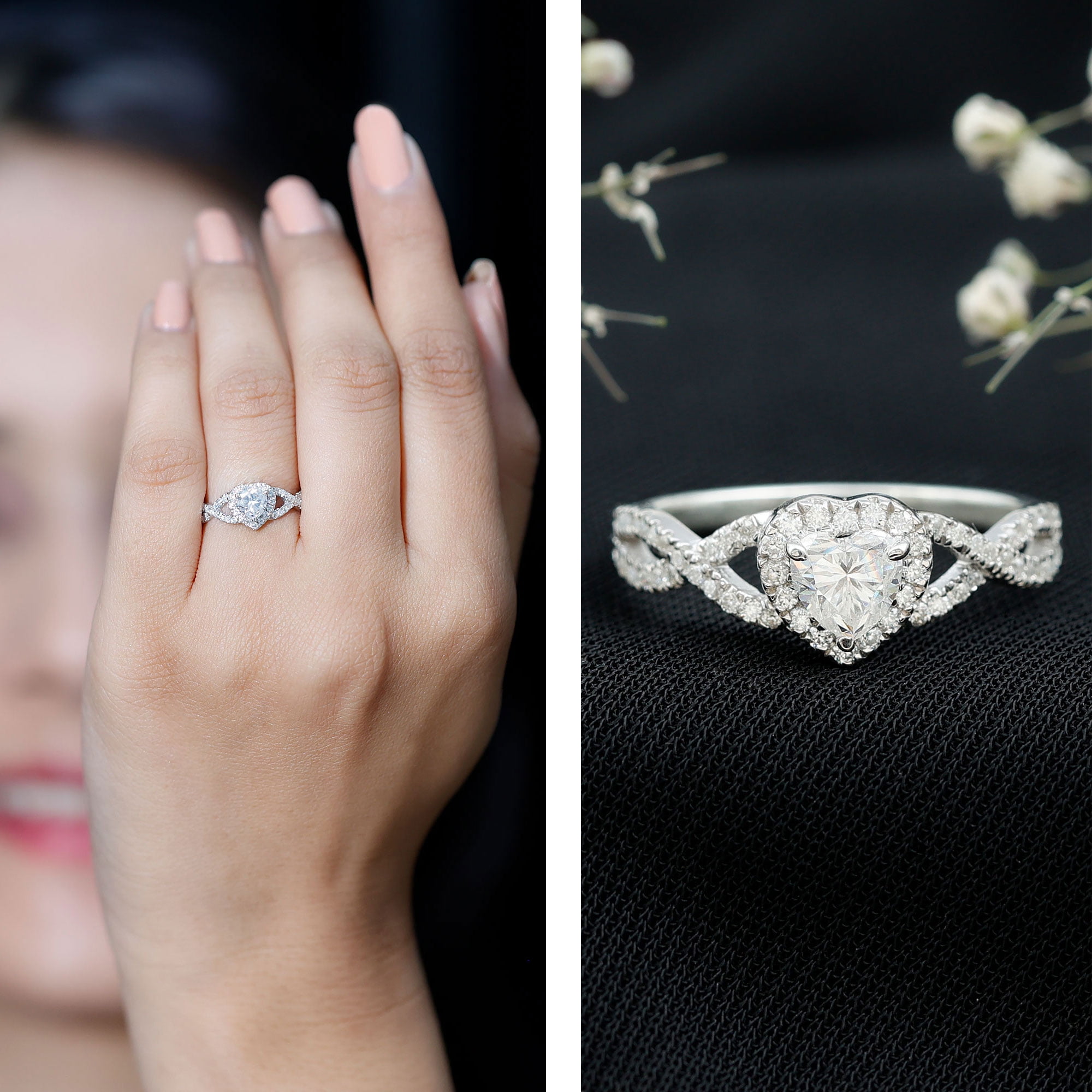Rosec Jewels Moissanite Heart Engagement Ring for Women - 1/2 Carat - Moissanite Halo Crossover Ring - D-VS1 Grade, 14K White Gold, US 5.00