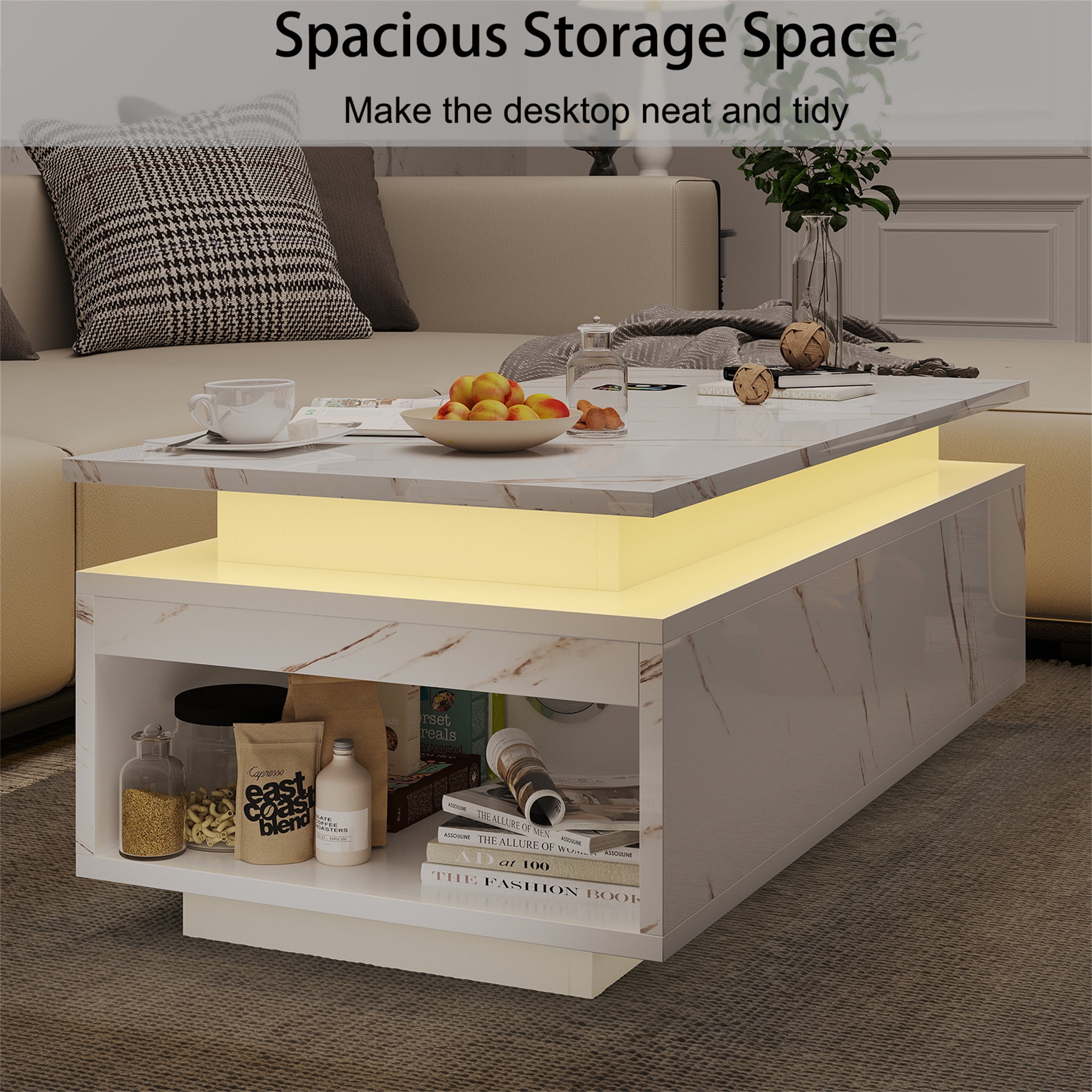 Yeahumalia Modern LED Coffee Table with Bluetooth Speaker, Wireless Charging, and Storage Organizer, White