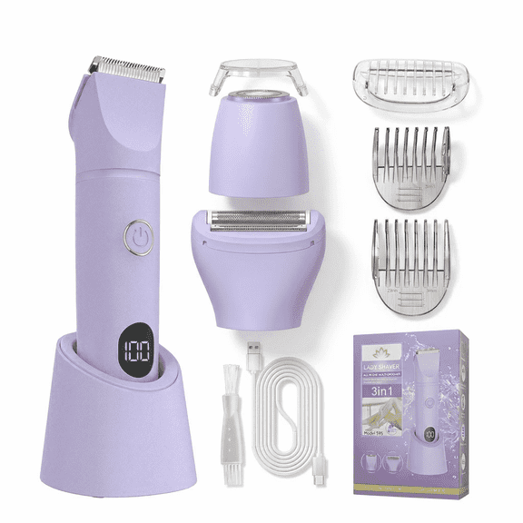 Bikini Trimmer for Women, 3 in 1 Electric Razors for Women, IPX7 Waterproof Wet Dry Body Shaver Pubic Hair Trimmer Facial Hair Remover with Ceramic Blade USB Recharge Dock Gift for Women