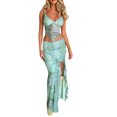 thumbnail image 2 of Women Y2K 2 Piece Long Skirt Set Lace Up Back Tank Tops Tie Up High Waist Long Skirt Split Maxi Skirts Outfits, 2 of 10