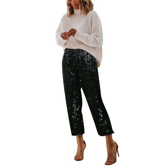 Petite Pants for Women Elastic Waist 2025 Solid Color Fashion Sequined Wide Leg Casual Trousers Trendy Dressy Black M