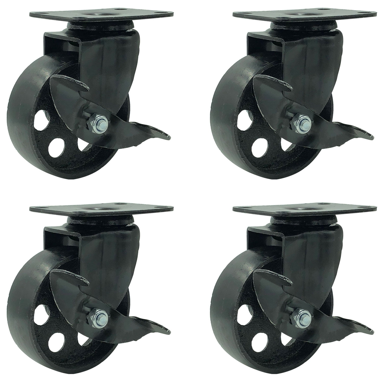 4 All Black Metal Swivel Plate Caster Wheels w/ Brake Heavy Duty 3.5" W/ brake 