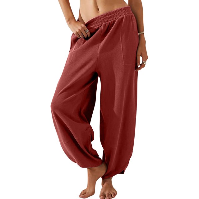 UKLASQMA Pantalon Décontracté pour Femmes Couleur Unie avec Poches - Ceinture Élastique Bas Confortables, Rouge 2TG