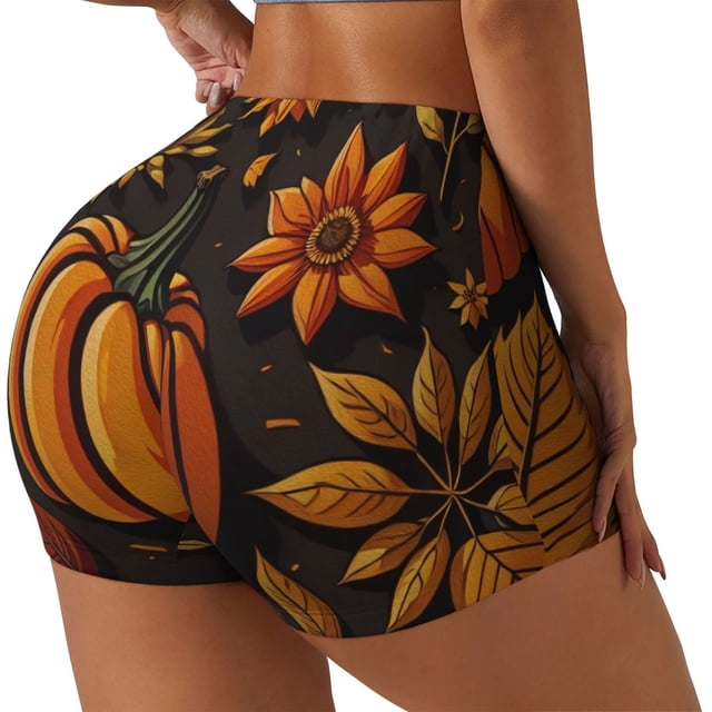Fotbe Autumn Pumpkin Leaves Shorts Sin Costuras – Shorts Deportivos de Cintura Alta para Mujer, Elásticos para Gimnasio, Yoga, Running o Ciclismo-Large