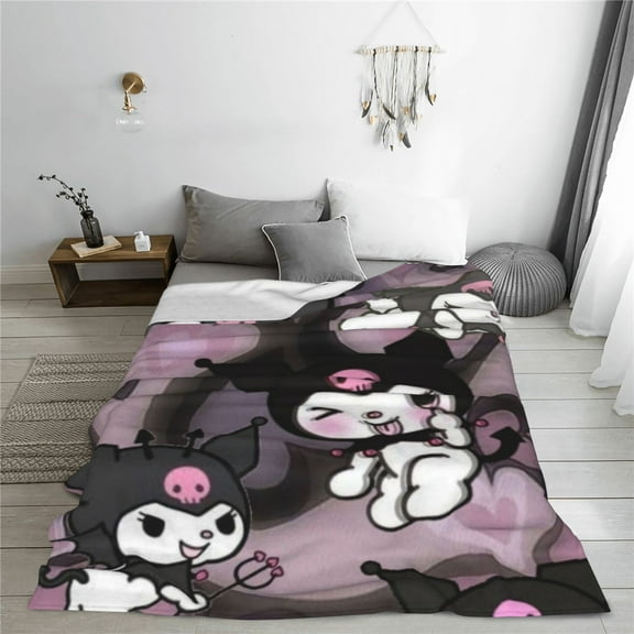 Kuromi Cartoon Printing Throw Blanket, All Seasons Flannel Fleece Blanket, Soft & Warm Plush Blankets for Couch Sofa Bed Camping Travel, 40"x30"