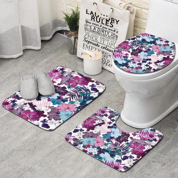 Pioneer Flower Floral Print Pattern Bathroom Rugs Sets 3 Piece,Toilet Cover Set,Absorbent Non Slip Bathroom Mats Sets with U-Shaped Contour Rug Toilet Rug Set