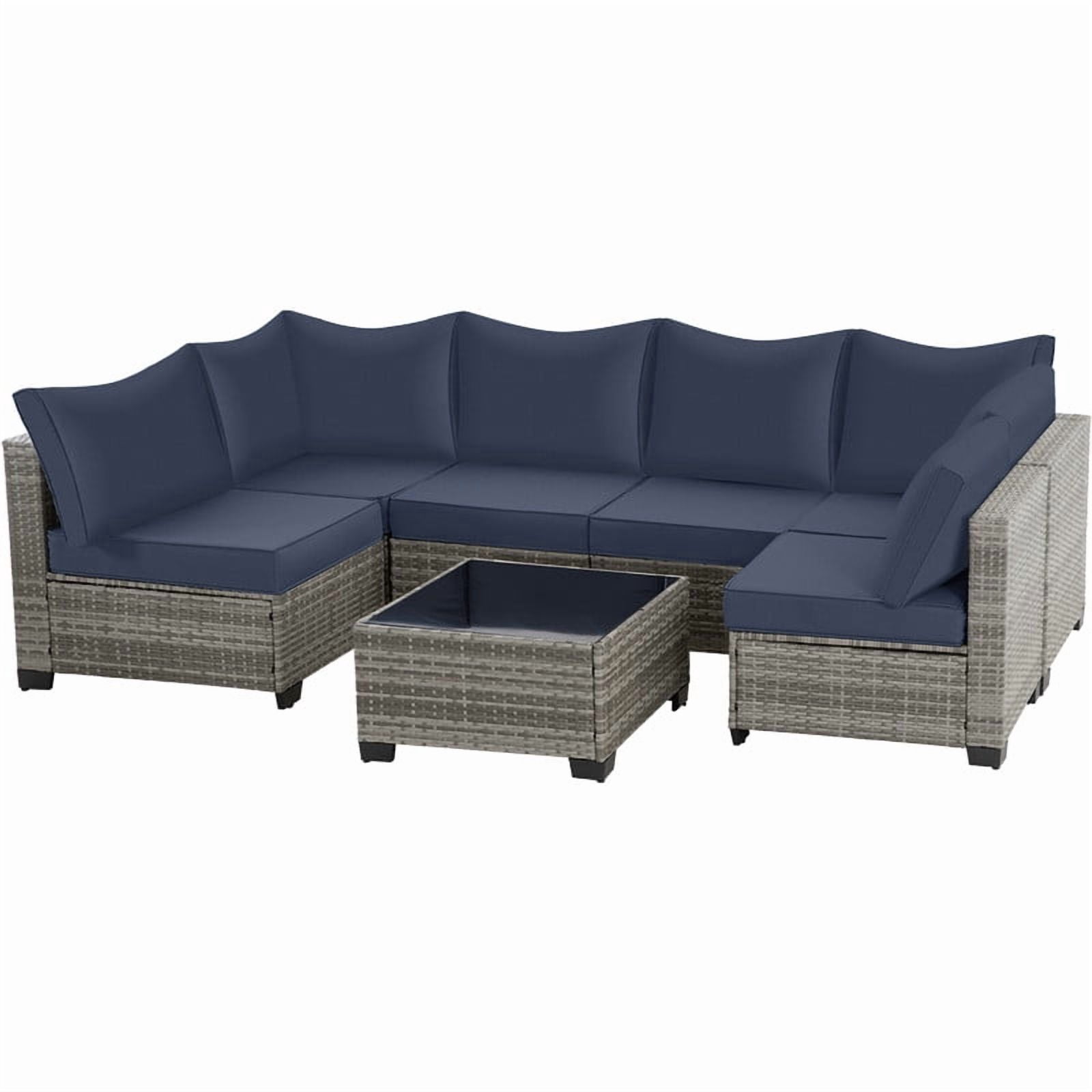 Howcool 7-Piece All-Weather Wicker Rattan Outdoor Patio Furniture Set,Modular Patio Conversation Furniture Set with Thick Cushions & Tempered Glass Table