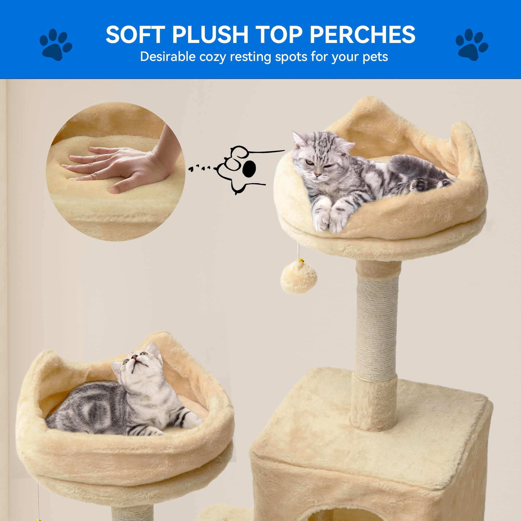 Dextrus 75" Multi-Level Cat Tree Tower with Cat Condos, Perches, Hammocks, Scratching Posts Board, Large Cat Activity Center,Beige