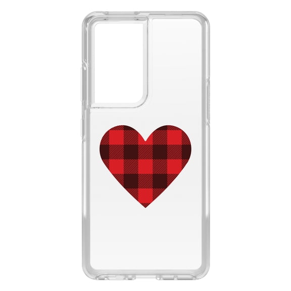 DistinctInk Clear Shockproof Hybrid Case for Galaxy S21 ULTRA 5G (6.8" Screen) - TPU Bumper Acrylic Back Tempered Glass Screen Protector - Buffalo Heart - Red Black Plaid