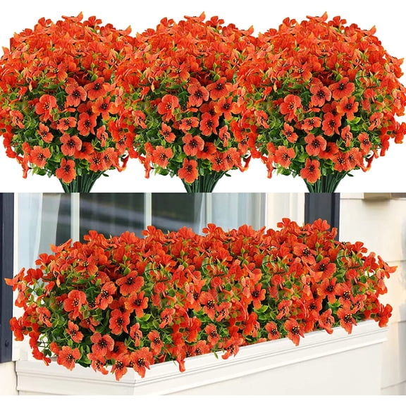 LQCrafK 6 Bundles Artificial Flowers UV Resistant Fake Plants Outdoor Faux Plastic Flowers Garden Window Box Porch Home Decor (Orange red)