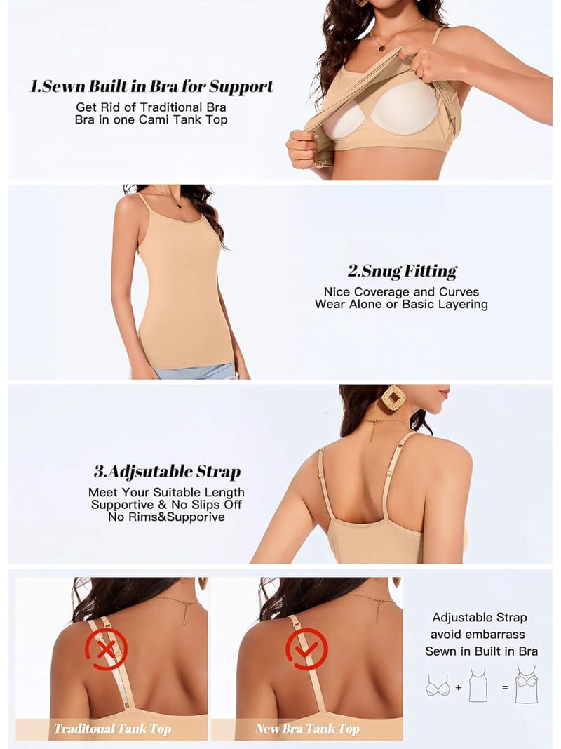 Vaslanda 3 Packs Camisole Tops for Women with Built in Padded Bra