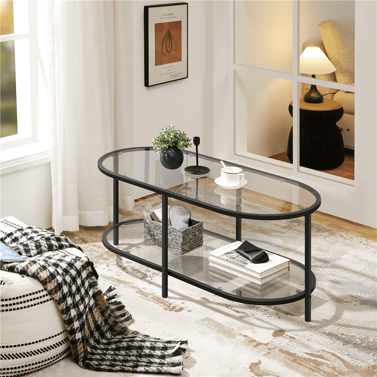 Alden Design Two Layer Modern Oval Glass Coffee Table for Living Room