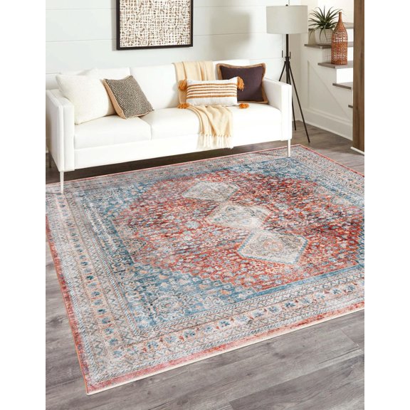 Rugs.com Newport Collection Rug – 10' 2 Square Red Medium Rug Perfect For Living Rooms, Kitchens, Entryways