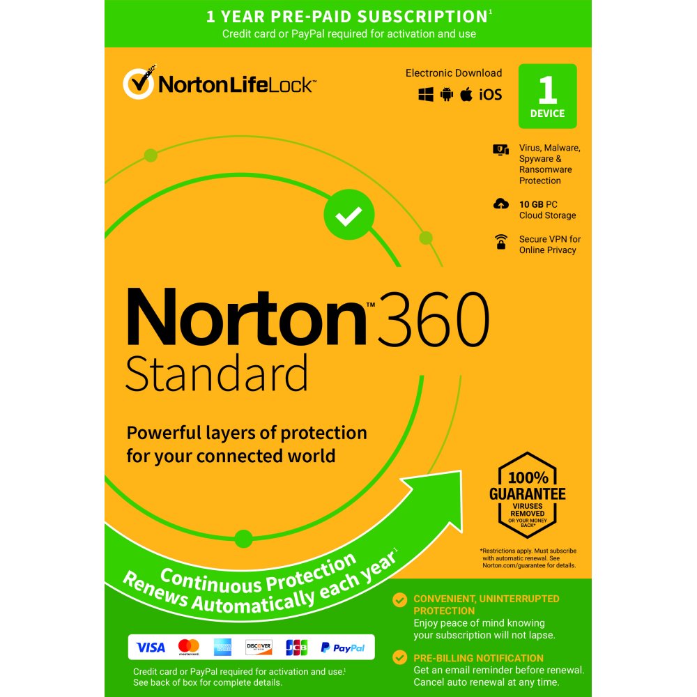 Norton 360 Standard, Antivirus Software, 1 Device, 1 Year with Auto