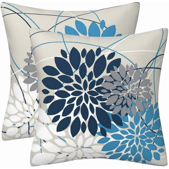 Grey Brown Dahlia Pillow Cover 18x18 Inch – Floral Pillow Covers Set of 2, Boho Linen Cushion Covers for Sofa Couch Bed, Gray Coffee Colored Spring Summer Decorative Throw Pillowcases (RL Blue Grey)