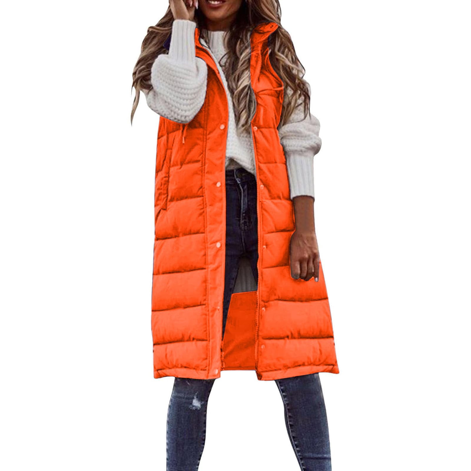 Womens Puffer Vest Sleeveless Hooded Long Quilted Vests Zip Up Lightweight Puffy Winter Jackets Gilet with Pockets