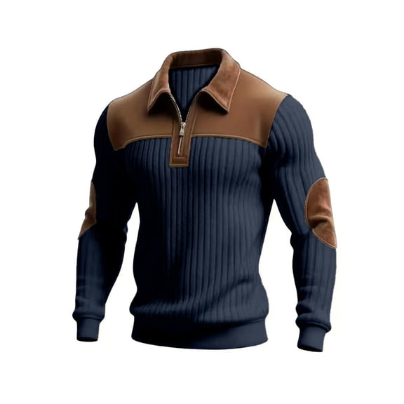 LWavelet Men's Ribbed Texture Color Block Quarter Zip Pullover - Collar & Elbow Patches Casual Fall Winter Top Navy M