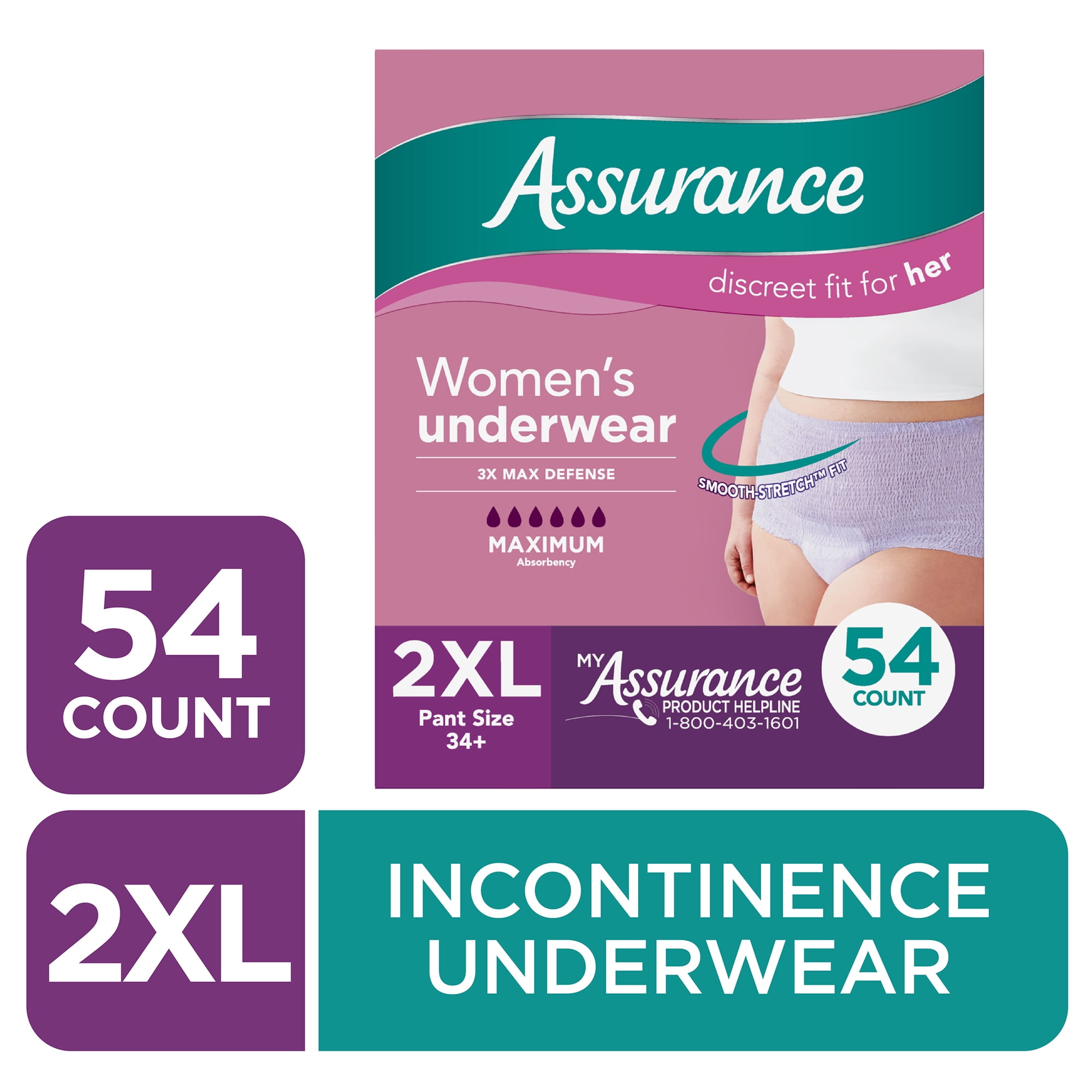 Assurance Women's Incontinence and Postpartum Underwear, XXL, Maximum Absorbency, 54 Count