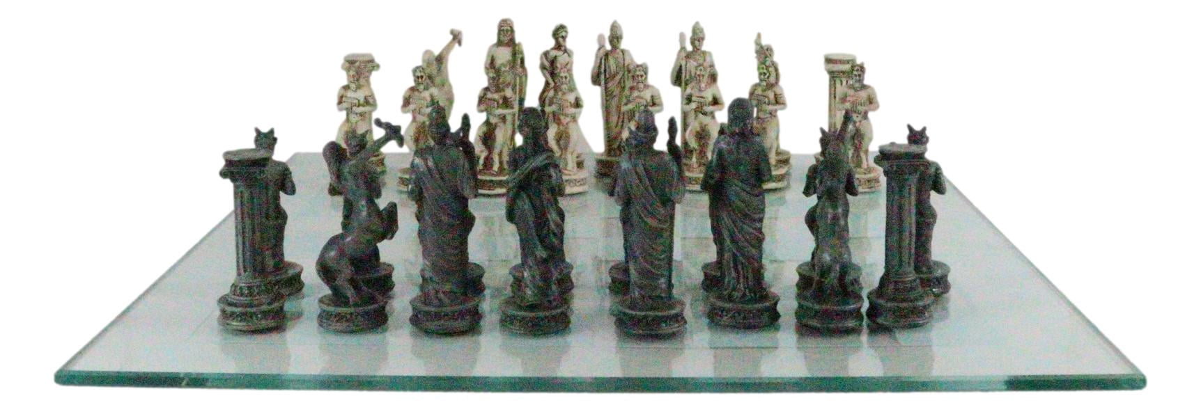 Ebros Olympus At War Greek Olympian Deities Resin Chess Pieces W/Glass Board Set