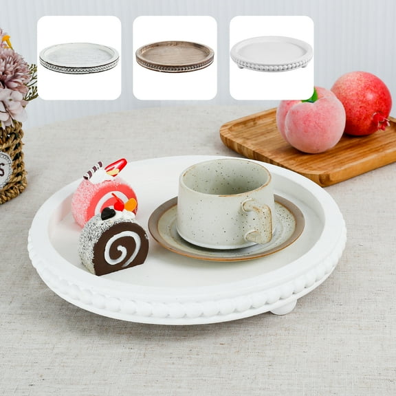 Threns Round Wood Tray Decorative Coffee Table Tray Wood Beaded Tray Serving Tray for Kitchen Dining Room,11.8"