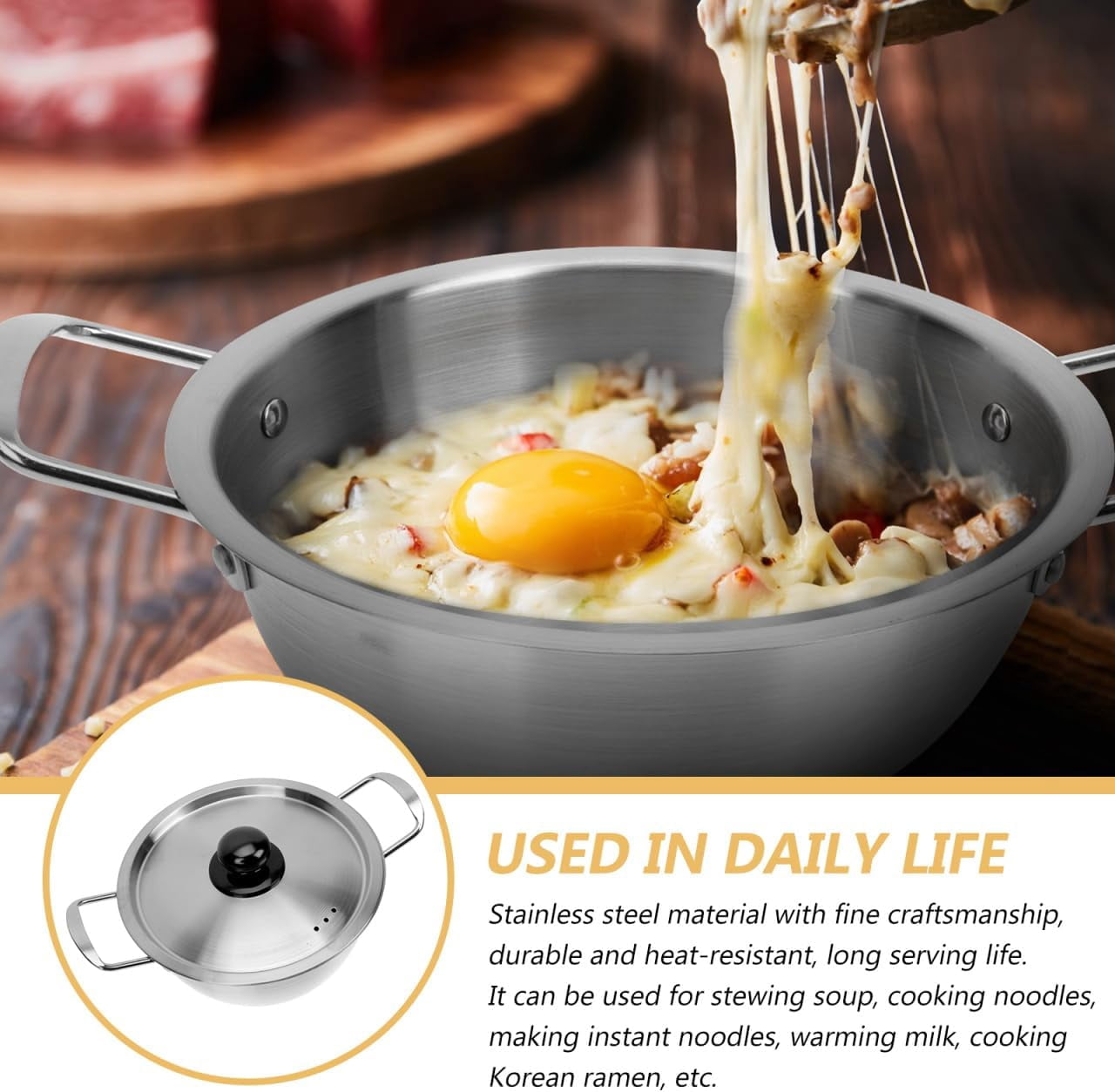 ABPETE Noodle Pot with Lid, Stainless Steel Ramen Cooker for Fast Heating, Double Handle Korean Instant Noodle Pot for Kitchen Use, Lightweight and Portable