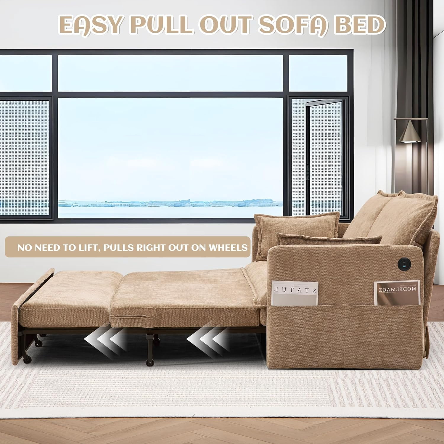 Modern Convertible Sleeper Sofa with USB Charging, Queen-size Corduroy Upholstery Sofa Bed, Brown