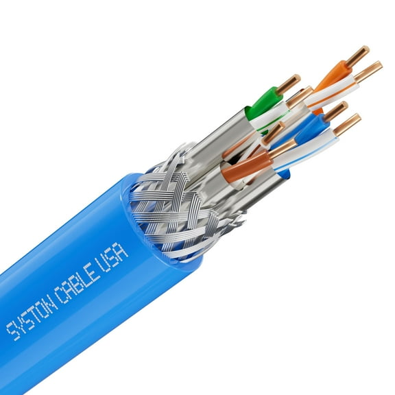 Syston Cable Cat8 Ethernet Bulk Raw Cable 2000MHz 2GHz 40GB 100 ft Solid Bare Copper S/FTP Individual electromagnetic Tinned Copper Braid Shield 22/4 4 Pair 22 AWG CMR FT4 UTP Blue Order to Cut
