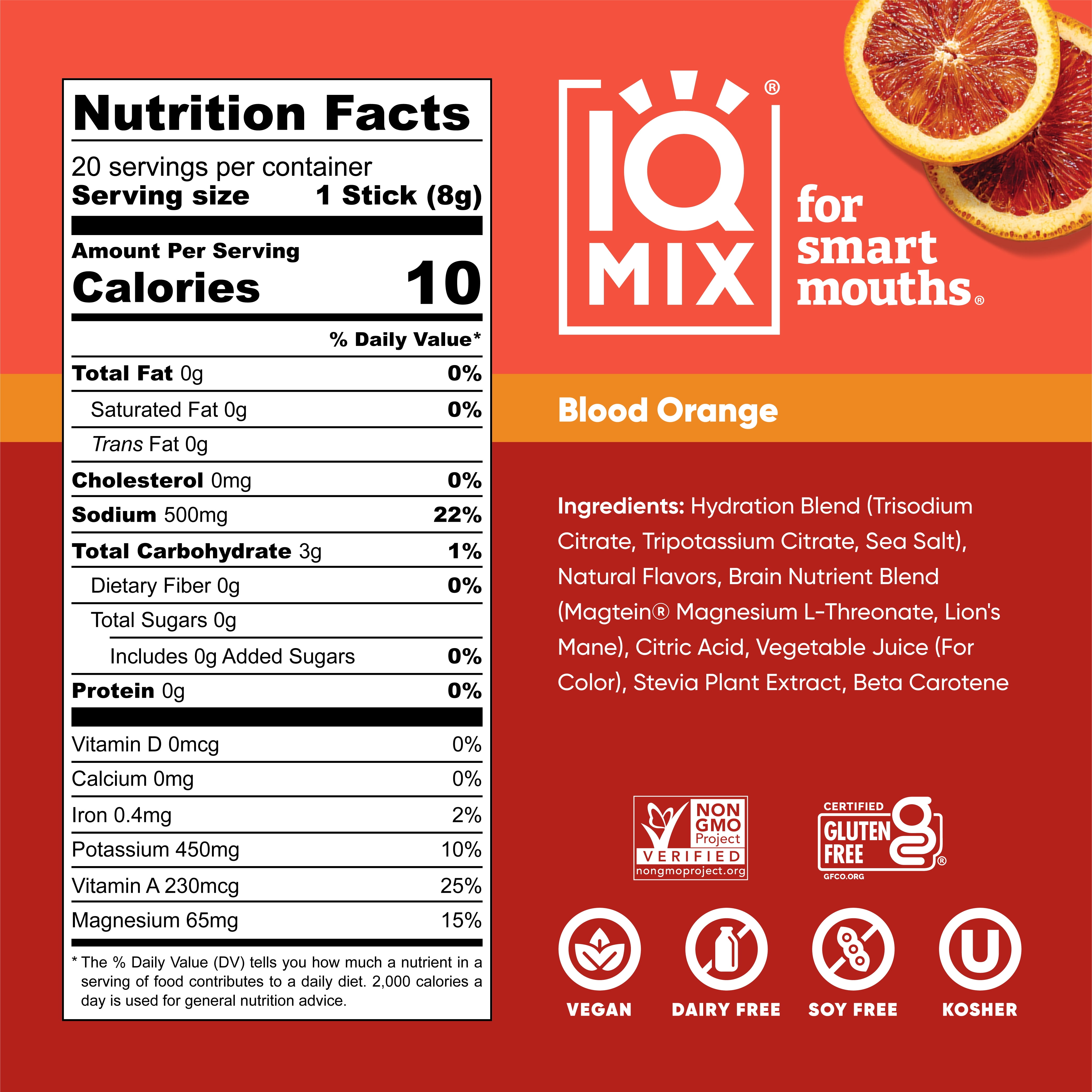 IQMIX Sugar Free Electrolyte Powder Packets - Keto Electrolytes with Lions Mane, Magnesium L-Threonate, Potassium Citrate - Blood Orange (20-Count)
