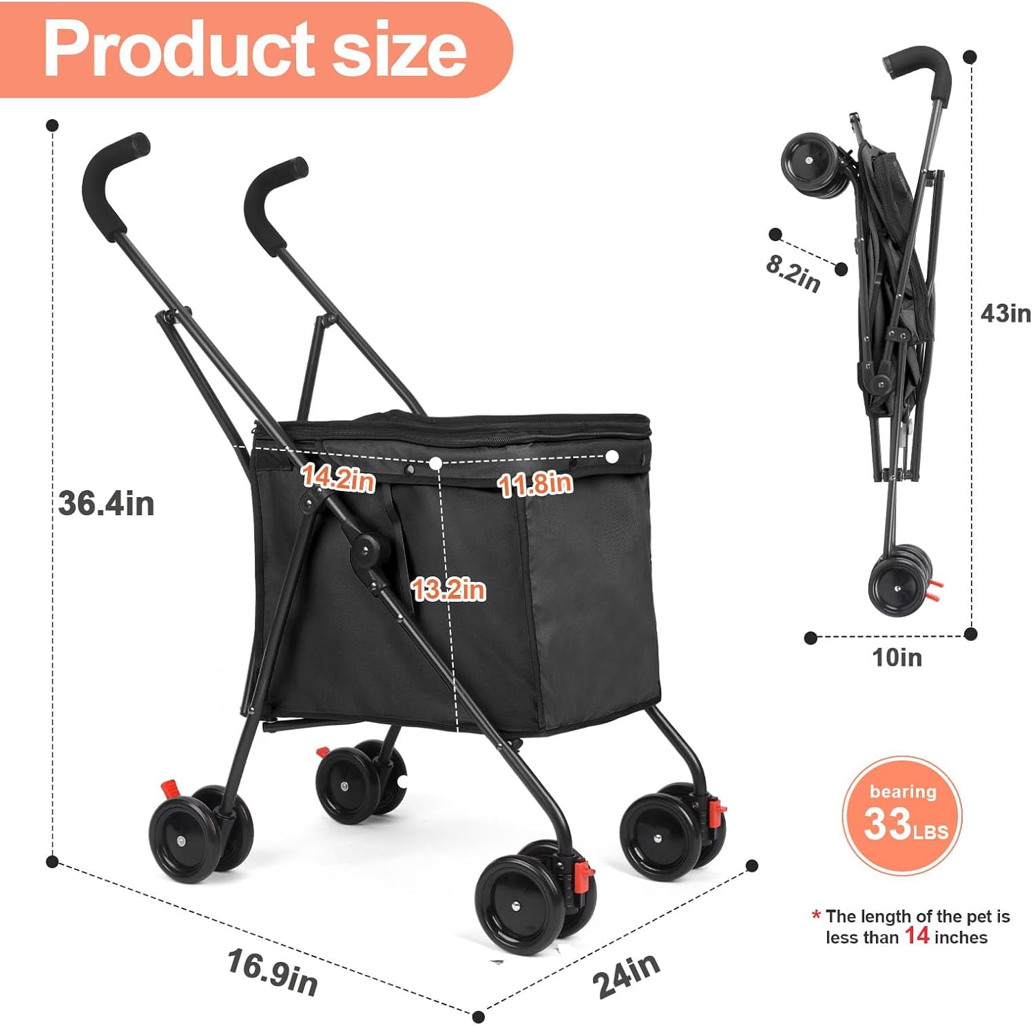 Dog Strollers, Shopping Cart, Collapsible Folding Utility Wagons Carts Heavy Duty, The Original Patented, 60lbs Capacity, Minimalist for Cats Pets Outdoor Camping Shopping Sports Garden (Black)