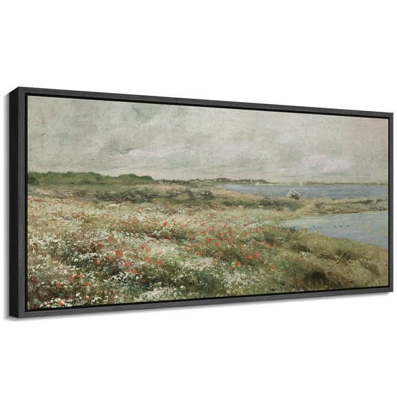 Large Framed Canvas Print Vintage Countryside Landscape with Blooming FlowersWall Art Decorative Ready to Hang Painting for Living room Bedroom 60x30 inches Black Frame