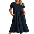 thumbnail image 1 of Femmes Robe Longue à Manches Courtes Swing Robe Robe d'Été en Vrac Solide avec Poches, 1 of 5