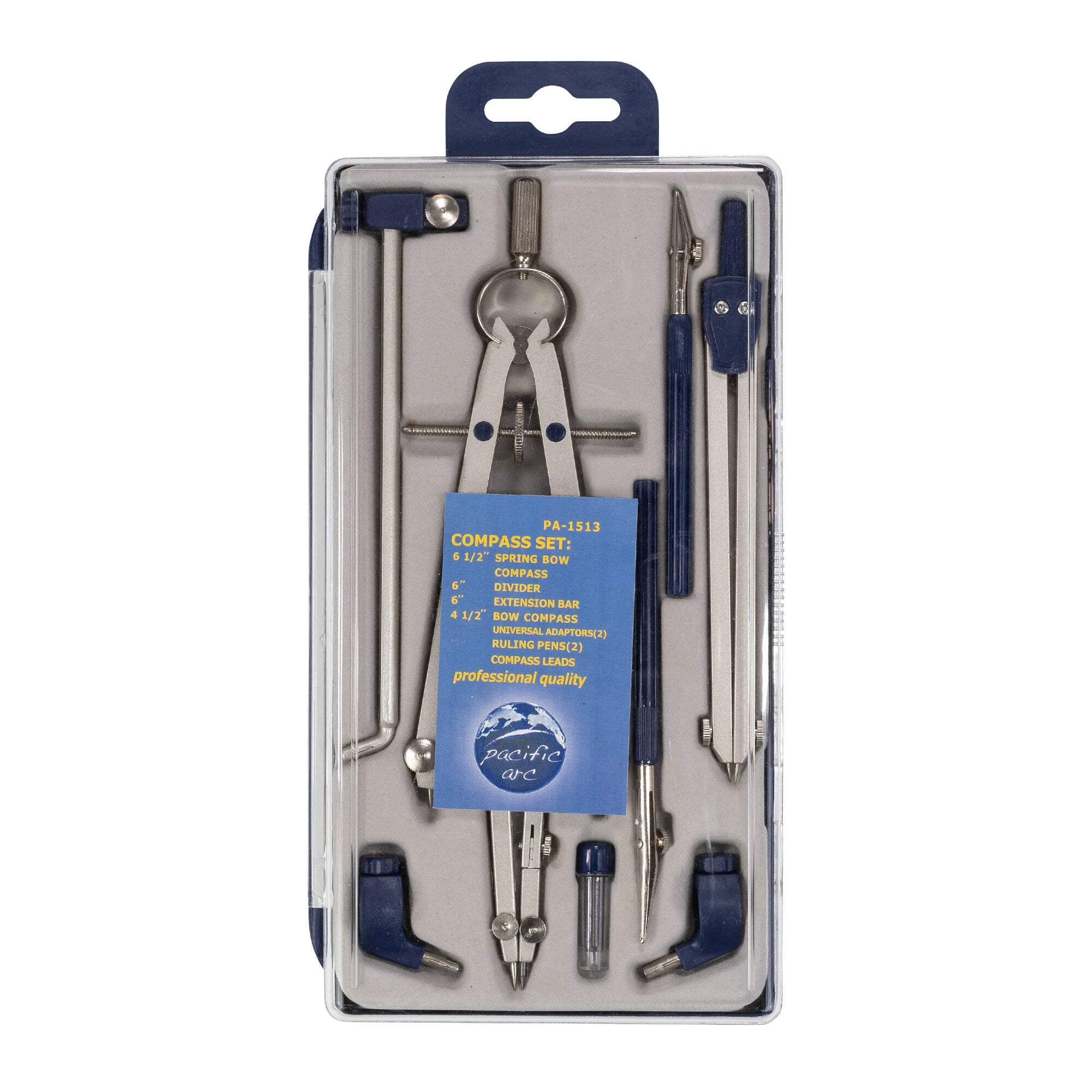 Pacific Arc, Spring Bow Compass with Extension bar, ruling Pen, 6 inch Divider, Universal Adaptor, 6 inch Break Leg, and Replacement Lead.