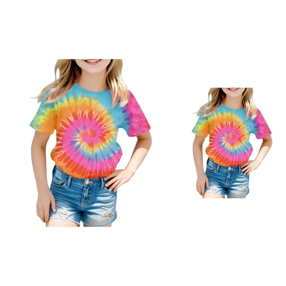 Girls' Tie Dye Print Short Sleeve T-Shirt – Summer Casual Round Neck Tee with Peace Sign Design for Toddler & Kids