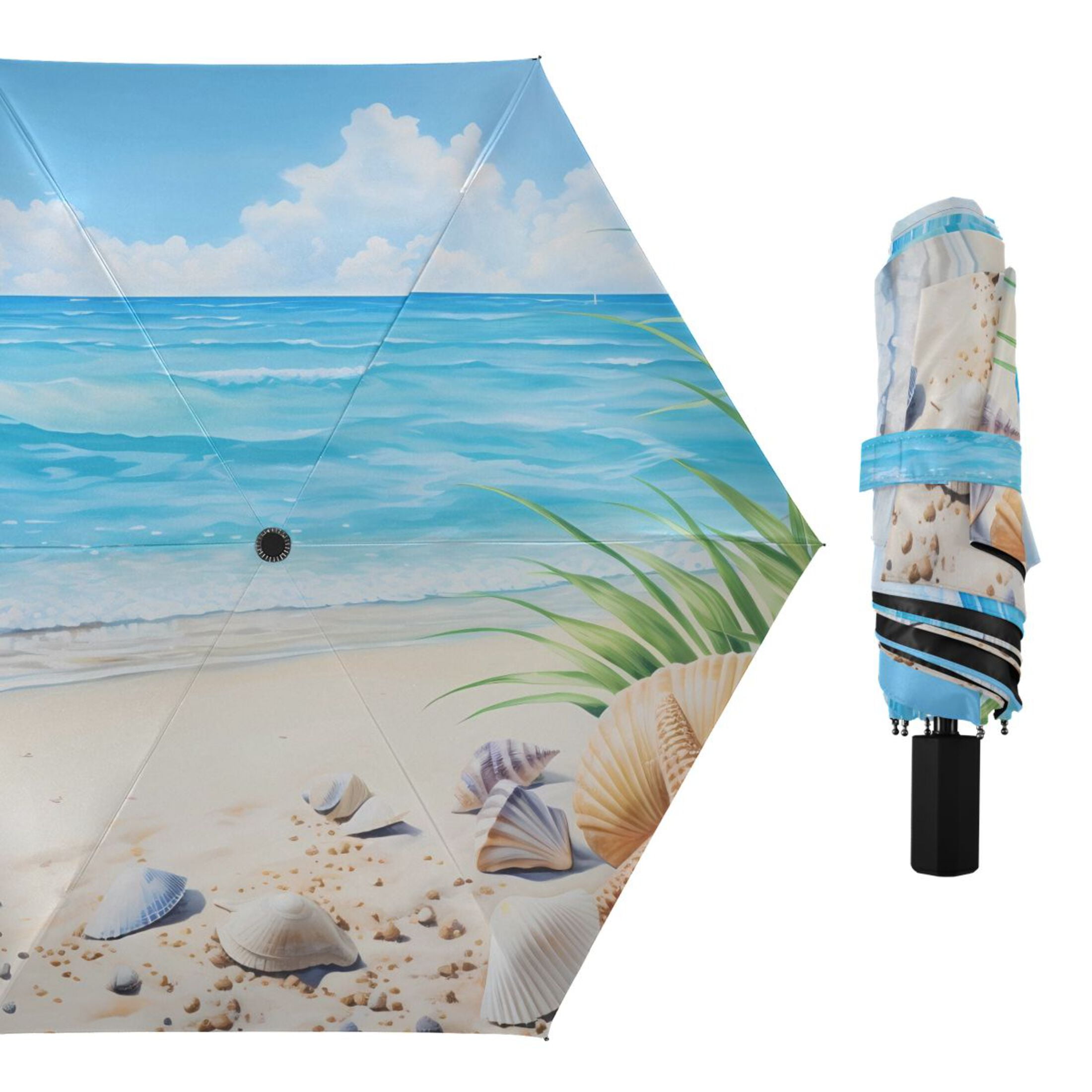 Seashell in Summer Beach Compact Folding Umbrella for Rain Windproof Travel Umbrella UPF 50+ Lightweight Packable Arc Size