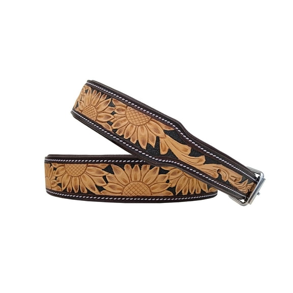 Leather Dog Collar Large Size Western Style Heavy Duty Hand Tooled Adjustable Padded Soft for Small Puppies and Big Dogs 10AB156-L