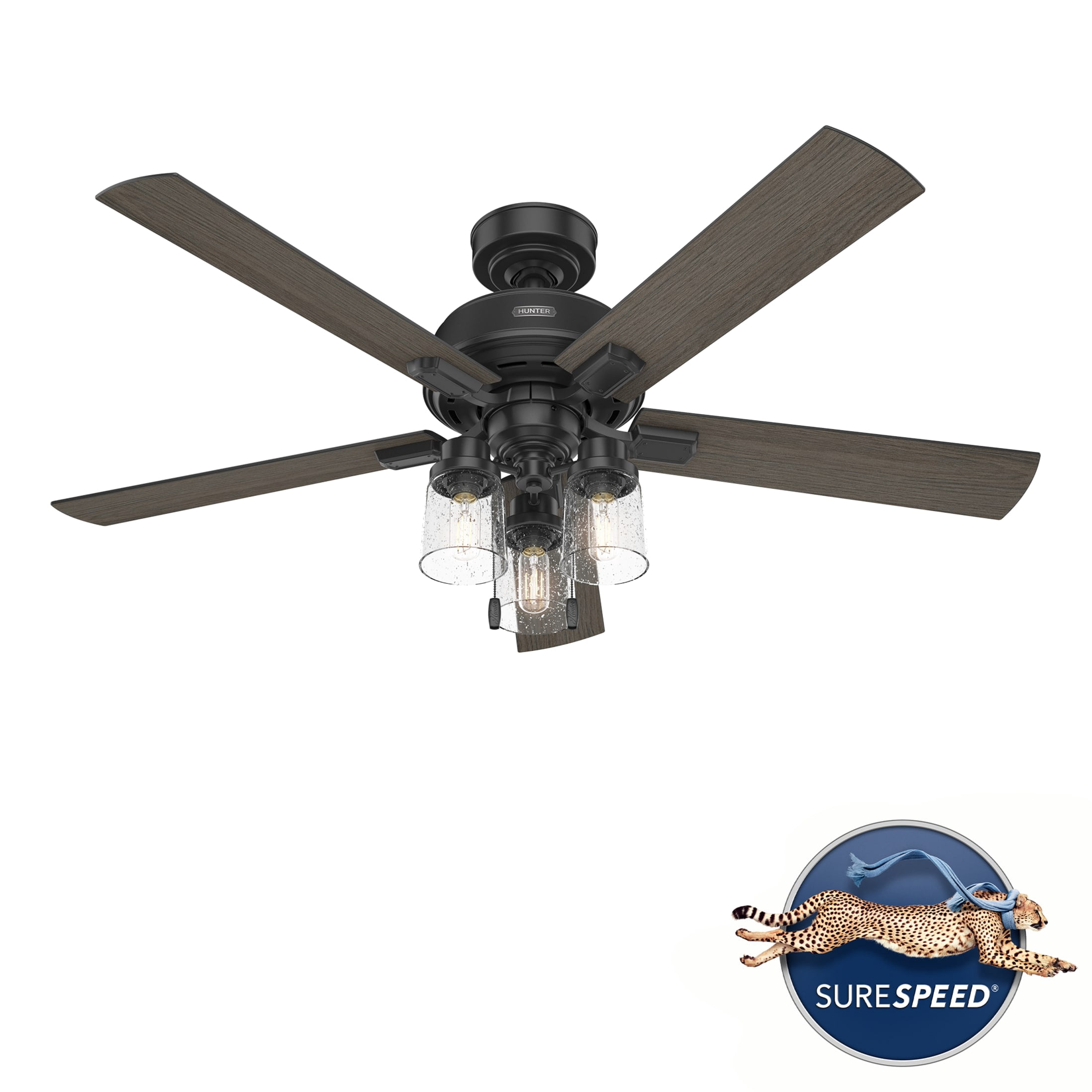 Hunter 52 inch Indoor Ceiling Fan with LED Lights - Black Ceiling Fan with Pull Chain, For Bedroom, Living Room, or Kitchen, Standard Mount, No Remote, 5 Blades - Hartland 51745, Matte Black