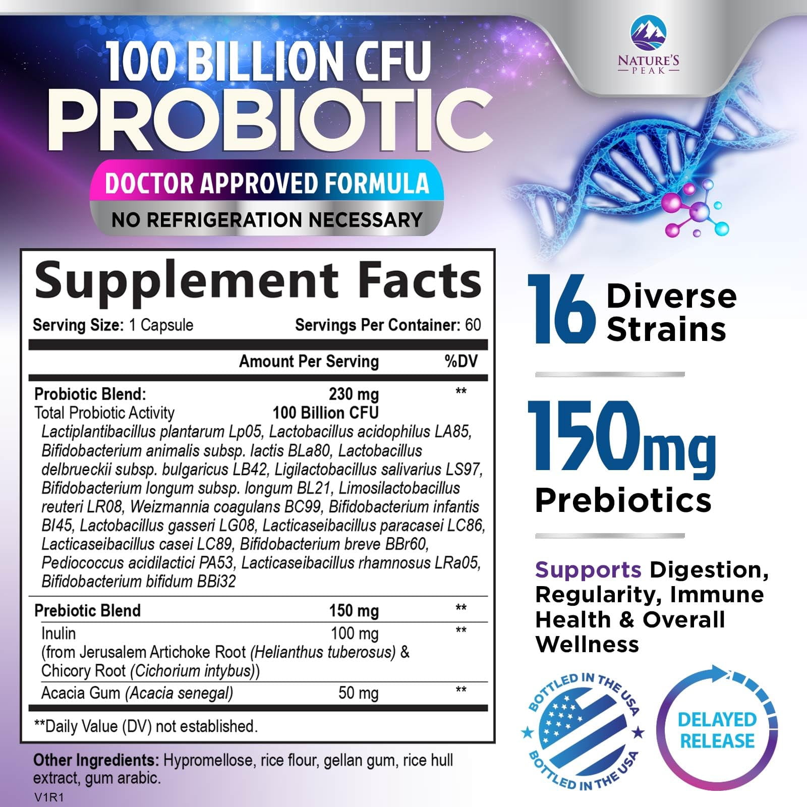 Probiotics for Digestive Gut Health - 100 Billion CFU Per Capsule, 16 Premium Strains & Prebiotics - Best Probiotics for Women & Men, Occasional Constipation, Gas, Immune Health Support - 60 Capsules