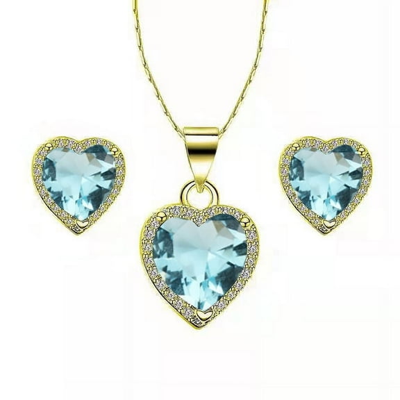 18k Yellow Gold Heart 0.5 Ct Aquamarine Necklace, 18 in Cable, Full Set for Women Plated by Paris Jewelry