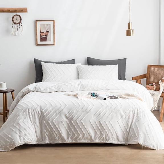 Qookiee Duvet Cover Set Tufted Bedding Duvet Covers Soft Washed Microfiber Duvet Cover Queen Size 3 Piece Embroidery Duvet Cover with Zipper Closure (White, Queen)