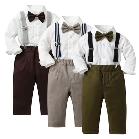 Baby Boy Outfit Boys Long Sleeve Shirt and Suspenders Pants with Bow Tie Gentlemen Set Boys Clothing Sets Army Green 3-4 Years
