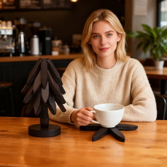 Brown Tree Shape Wooden Trivet Set (4PCS 1 Stand) - Heat-Resistant Coasters for Hot Dishes & Teapots