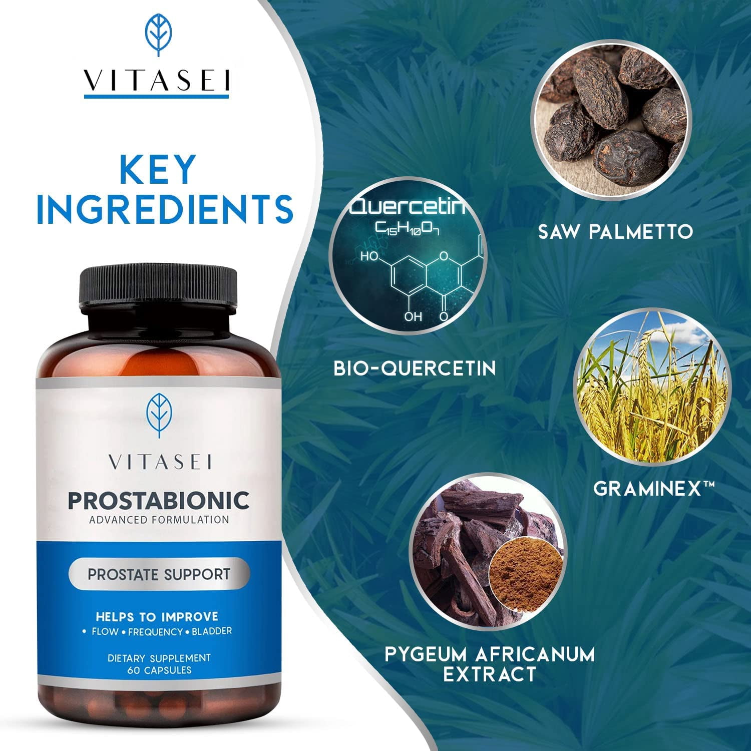 VITASEI Prostabionic Prostate Dietary Supplements for Men W/Saw Palmetto, Bio-quercetin & Pygeum Africanum, Reduce Bathroom Trips, Promotes Sleep & Better Bladder Emptying - 60 Capsules (Pack of 3)