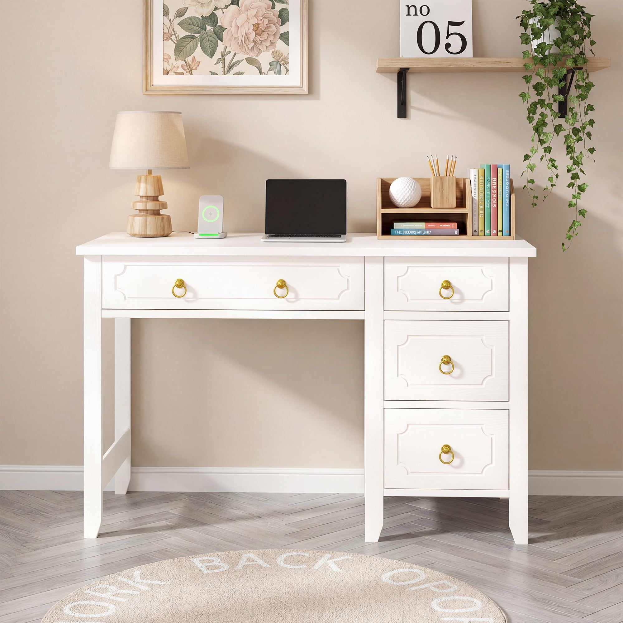 DreamCurship White Desk with 4 Drawers, Computer Desk with Storage, Home Office Desk for Small Spaces, Modern Makeup Vanity Dressing Desk, White