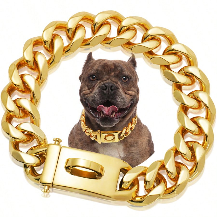 Strong Stainless Steel Dog Choke Collar with Buckle Lock, 18K Gold Cuban Link Chain Training Collar, Heavy Duty Metal Pet Necklace for Large Dogs (Pitbull, German Shepherd, Rottweiler)
