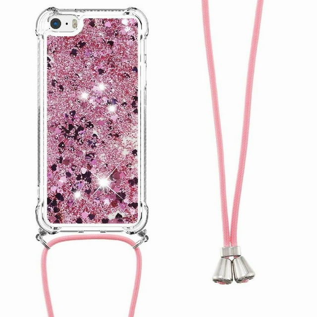 Funda FOXDOCK para iPhone SE con Cuerda Ajustable, Brillo Líquido, Protección Antigolpes y Lente – Ideal para Regalo