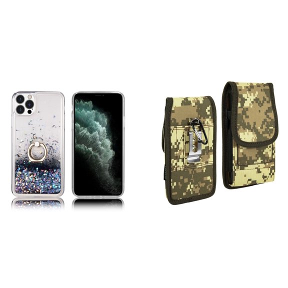 Waterfall Liquid Glitter Stand Case and Belt Holster Pouch for iPhone 14 Pro (Black/ACU)