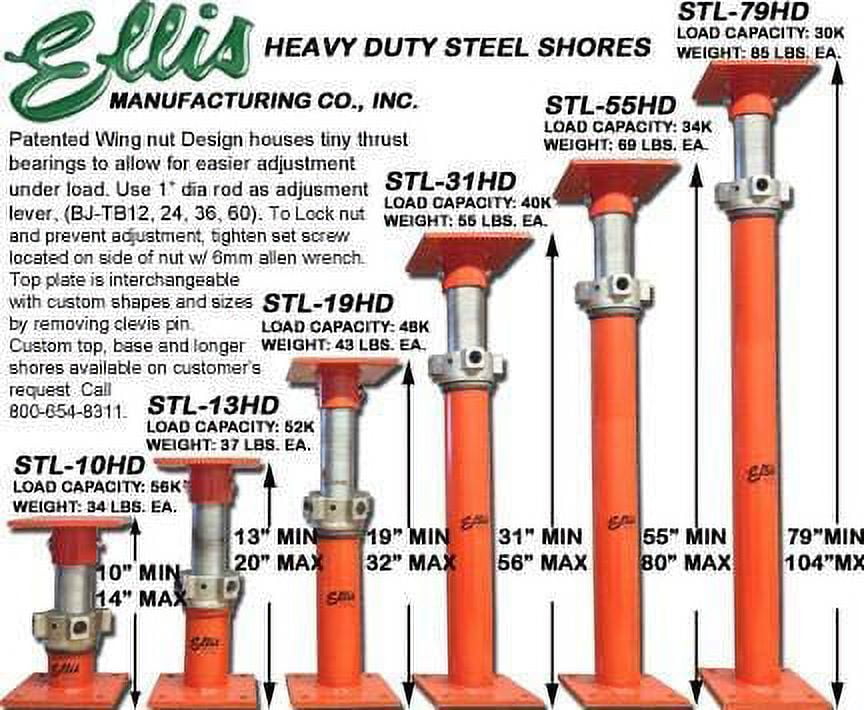 Ellis Manufacturing Company Heavy Duty Steel Lifting Shore - Adjustment ...